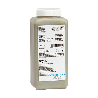 Ορθογώνιο πλαστικό μπουκάλι 1 λίτρου με βιδωτό καπάκι, που περιέχει το Kiehl Opytec Handreiniger für Grobverschmutzungen της Johannes Kiehl KG. Η ετικέτα στο μπροστινό μέρος περιέχει λεπτομέρειες προϊόντος, οδηγίες και πληροφορίες κατασκευαστή σε πολλές γλώσσες.