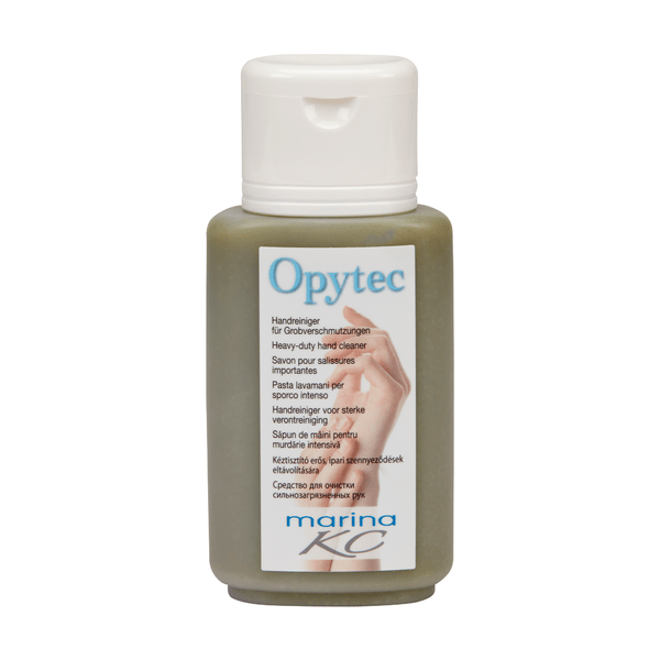 Ένα πλαστικό μπουκάλι της Johannes Kiehl KG με λευκό καπάκι και την επιγραφή Kiehl Opytec Handreiniger für Grobverschmutzungen" φέρει μια πολυγλωσσική ετικέτα marina KC" σε ανοιχτόχρωμο φόντο.