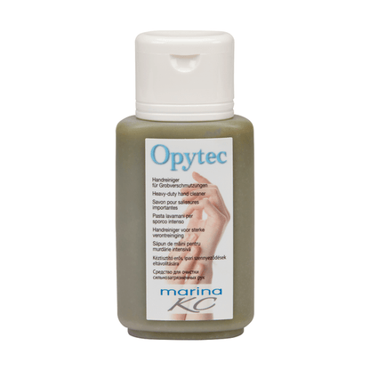 Ένα πλαστικό μπουκάλι της Johannes Kiehl KG με λευκό καπάκι και την επιγραφή Kiehl Opytec Handreiniger für Grobverschmutzungen" φέρει μια πολυγλωσσική ετικέτα marina KC" σε ανοιχτόχρωμο φόντο.