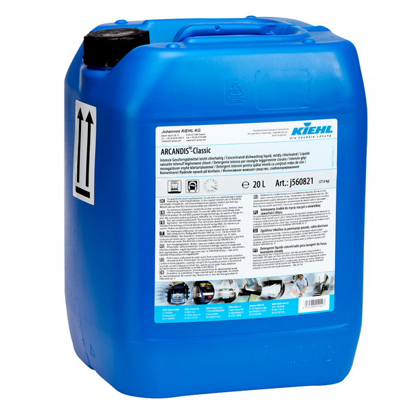 Ένα μεγάλο μπλε πλαστικό δοχείο 20 λίτρων με βιδωτό καπάκι περιέχει Kiehl ARCANDIS-Classic Εντατικό Απορρυπαντικό Πιάτων, ελαφρώς χλωριούχο της Johannes Kiehl KG, ιδανικό για επαγγελματικά πλυντήρια πιάτων. Λευκή ετικέτα και μαύρα βέλη υποδεικνύουν την όρθια θέση.