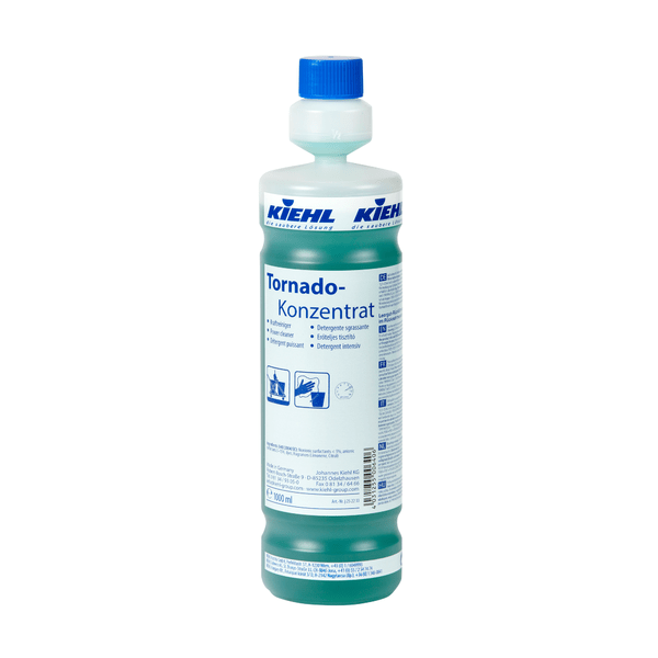 Ένα μπουκάλι 1-L Kiehl Tornado-Konzentrat Kraftreiniger της Johannes Kiehl KG με μπλε καπάκι και πράσινο υγρό. Στην ετικέτα υπάρχουν πληροφορίες προϊόντος, εικονογράμματα και οδηγίες στα γερμανικά. Διατίθεται σε κουτιά με 6 μπουκάλια.