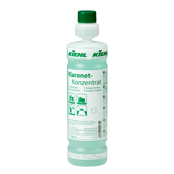 Kiehl Klaronet-Konzentrat Klar-Wischpflege της Johannes Kiehl KG στο λευκό πλαστικό μπουκάλι του 1 λίτρου με πράσινο καπάκι και ετικέτα με γερμανικές οδηγίες και σύμβολα εφαρμογής. Ιδανικό για τον καθαρισμό γυαλιστερών δαπέδων. Διατίθεται σε κουτιά με 6 μπουκάλια.