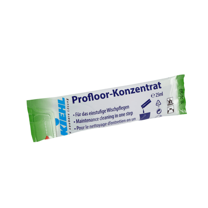 Ένα σακουλάκι 25 ml Kiehl Profloor-Konzentrat Για το μονοφασικό σφουγγάρισμα της Johannes Kiehl KG με γερμανικό, αγγλικό και γαλλικό κείμενο, πράσινη/μπλε/λευκή επωνυμία και εικονίδια για εφαρμογή σφουγγαρίσματος και οδηγίες ασφαλείας.