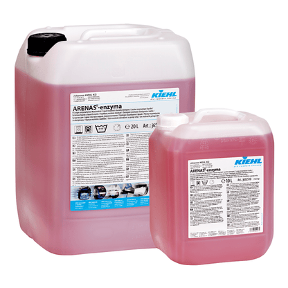 Δύο διαφανή πλαστικά δοχεία, ένα 20L και ένα 10L, με μαύρα καπάκια, γεμάτα με ροζ Kiehl ARENAS-enzyma Υγρό απορρυπαντικό με ένζυμα της Johannes Kiehl KG. Και τα δύο δείχνουν λεπτομερείς πληροφορίες για την αποτελεσματική αφαίρεση λεκέδων.