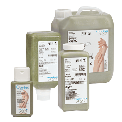 Απεικονίζονται τέσσερα δοχεία του Kiehl Opytec Handreinigers für Grobverschmutzungen της Johannes Kiehl KG, το καθένα με λευκή ετικέτα με πληροφορίες προϊόντος και εικόνες χεριών. Το πράσινο καθαριστικό χεριών είναι ορατό σε κάθε δοχείο.