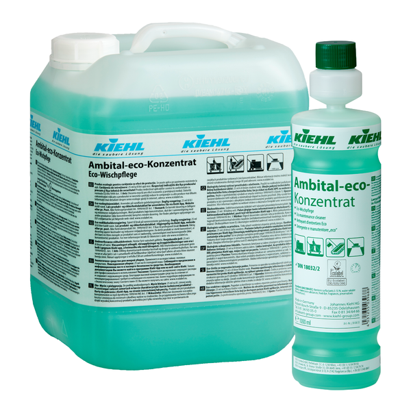 Ein großer 5-Liter-Behälter und eine 1-Liter-Flasche Kiehl Ambital-eco-Konzentrat Eco-Wischpflege der Johannes Kiehl KG mit grüner Flüssigkeit und detaillierten deutschsprachigen Etiketten mit umweltfreundlichen Symbolen.