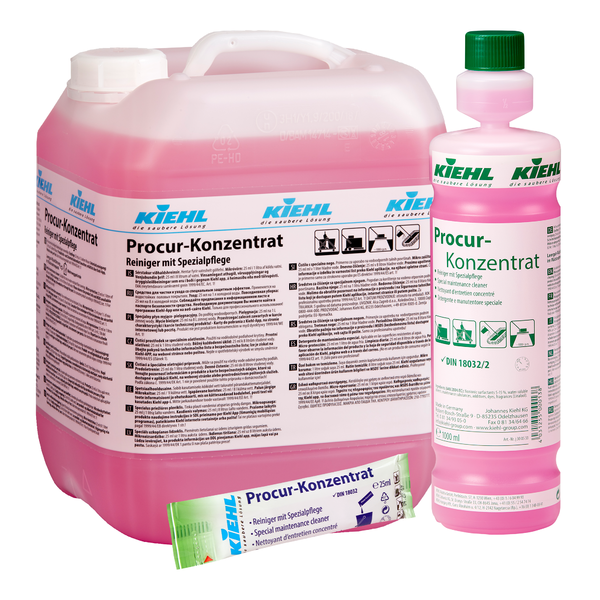 Drei Kiehl Procur-Konzentrat Reiniger mit Spezialpflege der Johannes Kiehl KG - ein großer Kanister, eine kleine Flasche und eine Tube - enthalten rosa Flüssigkeit mit deutschen Etiketten, ideal als effektiver Reiniger für empfindliche Oberflächen.