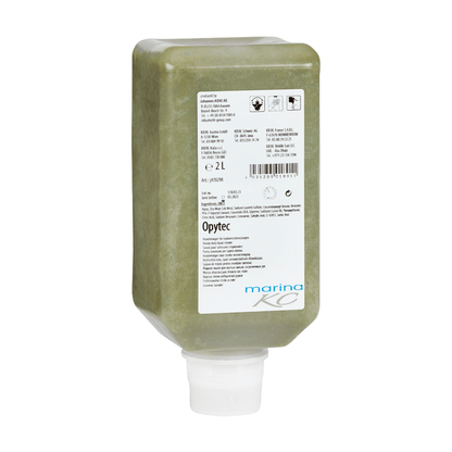 Ένα ορθογώνιο μπουκάλι 2 λίτρων του πρασινωπού Kiehl Opytec Handreinigers für Grobverschmutzungen της Johannes Kiehl KG με λευκή ετικέτα πληροφοριών και ευρύ καπάκι διανομής στο κάτω μέρος περιέχει αποτελεσματικό καθαριστικό χεριών για ισχυρούς ρύπους.