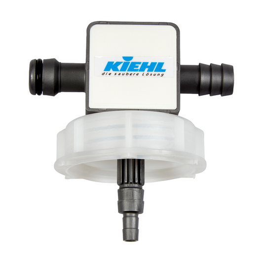 Die Kiehl Dosifill Multidosing für 10 L Kanister der Johannes Kiehl KG ist ein Kunststofffilter mit Schlauchanschlüssen, ideal für die professionelle Reinigung. Er ist mit einem weißen Etikett mit der Aufschrift "Kiehl die saubere Lösung" in blauer und grauer Schrift versehen.