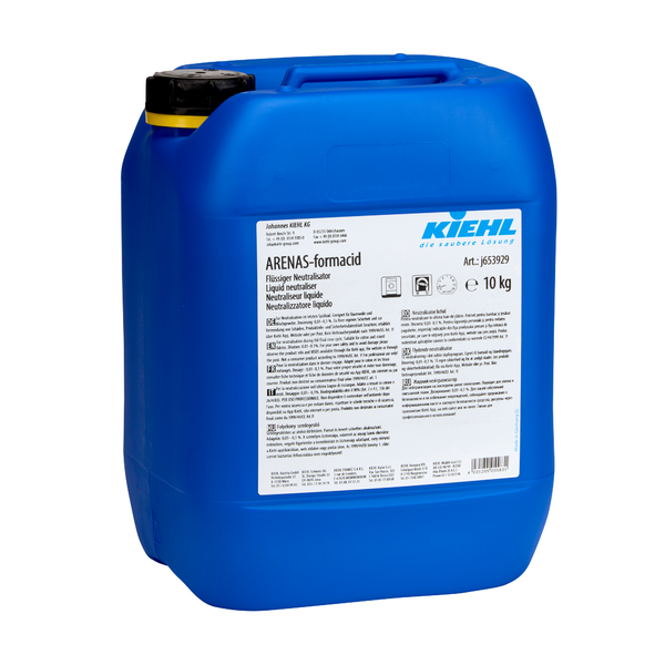 Ein blauer 10 kg Kunststoffbehälter Kiehl ARENAS-formacid Flüssiger Neutralisator der Johannes Kiehl KG mit schwarzem Deckel und detailliertem weißen Etikett, ideal für die Neutralisation von Säuren und Laugen bei der Chemikalienentsorgung.