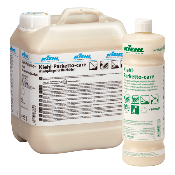 Ένα δοχείο 5L και ένα μπουκάλι 1L Kiehl Parketto-care Αυτογυαλιστική Διασπορά Φροντίδας για ξύλινα δάπεδα της Johannes Kiehl KG απεικονίζονται δίπλα-δίπλα, το καθένα με λευκές ετικέτες με πληροφορίες προϊόντος σε πολλές γλώσσες.