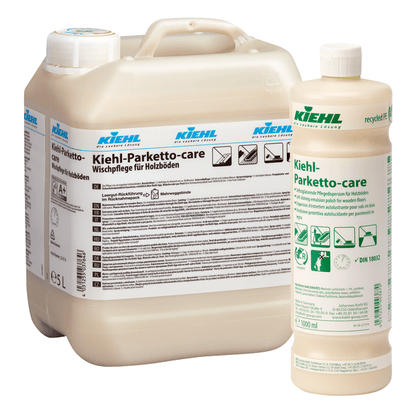 Ένα δοχείο 5L και ένα μπουκάλι 1L Kiehl Parketto-care Αυτογυαλιστική Διασπορά Φροντίδας για ξύλινα δάπεδα της Johannes Kiehl KG απεικονίζονται δίπλα-δίπλα, το καθένα με λευκές ετικέτες με πληροφορίες προϊόντος σε πολλές γλώσσες.