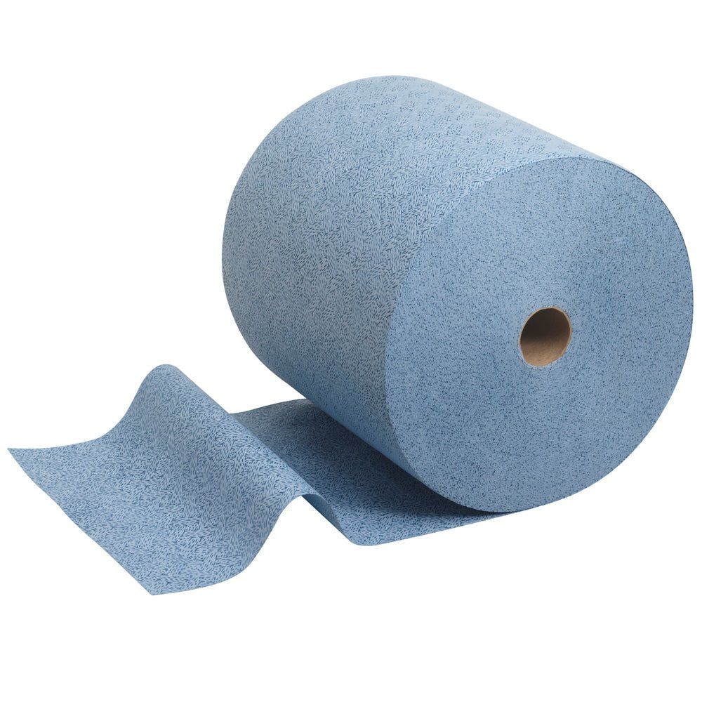 Ένα Kimtech® Prozeßwischtücher ρολό σε μπλε (1 ρολό x 500 φύλλα) από την Kimberly-Clark GmbH, με ένα ξετυλιγμένο πανί σε λευκό φόντο - ιδανικό για βιομηχανικό καθαρισμό.