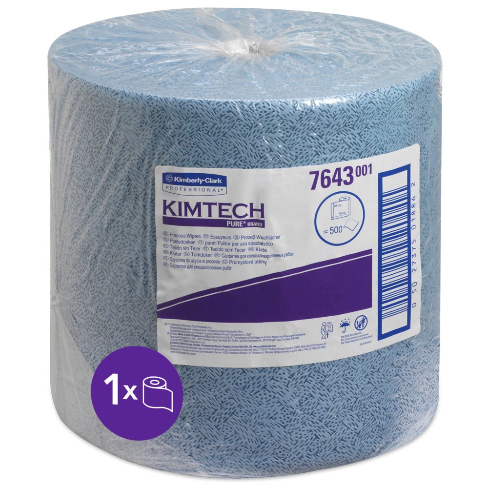 Ένα μεγάλο μπλε ρολό Kimtech® Prozeßwischtücher (1 ρολό x 500 φύλλα) από την Kimberly-Clark GmbH, σε διαφανές πλαστικό με λευκή-βιολετί ετικέτα με το όνομα του προϊόντος, 500 πανιά, αριθ. 7643, και ένα σύμβολο για ένα ρολό με 500 πανιά.