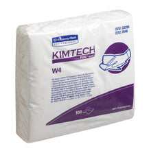 Eine versiegelte Packung Kimtech® Pure W4 Wischtücher - Einzel / Weiß von Kimberly-Clark GmbH enthält 100 weiße Reinraumtücher. Die überwiegend weiße Verpackung enthält eine violette Beschriftung und eine Abbildung einer Handreinigung für den professionellen Einsatz.