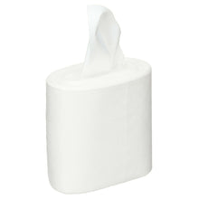 Eine Rolle Kimberly-Clark GmbH WypAll® Wettask™ Wischtücher - Rolle / Weiß (6 Nachfüllungen x 140 Blatt) steht aufrecht mit einem teilweise herausgezogenen Blatt, ideal zum Entfernen von Schmutz und Öl, vor einem schlichten weißen Hintergrund.