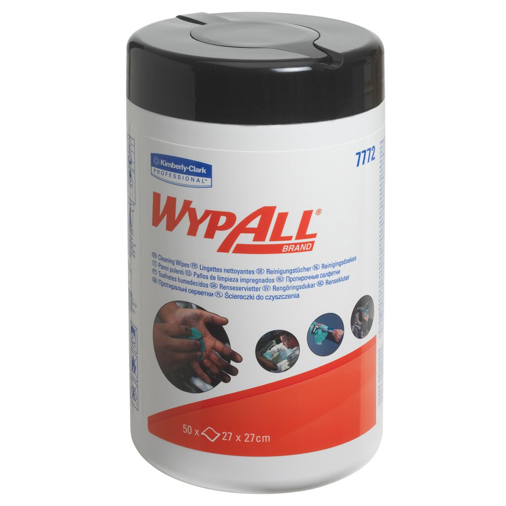 Ένα κυλινδρικό κύπελλο WypAll® μαντηλάκια από την Kimberly-Clark GmbH, πράσινη παραλλαγή, με μαύρο καπάκι και λευκή ετικέτα με εικόνες μάρκας και εφαρμογής· κάθε χαρτόνι περιέχει 6 κύπελλα x 50 μαντηλάκια (27 x 27 cm) με υψηλή απορροφητικότητα.
