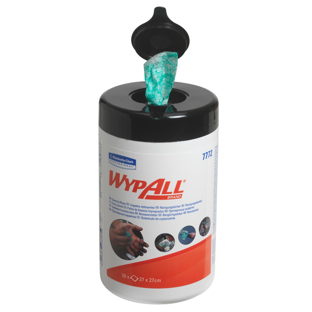 Ένα κυλινδρικό κύπελλο με WypAll® μαντηλάκια από την Kimberly-Clark GmbH με μαύρο καπάκι Pop-Top. Ένα πράσινο μαντηλάκι είναι μερικώς τραβηγμένο έξω. Η ετικέτα επισημαίνει υψηλή απορροφητικότητα και επαναχρησιμοποίηση. Περιέχει 6 κάδους με 50 φύλλα ο καθένας (χαρτόνι, 6 κουβάδες).