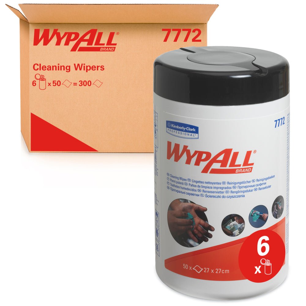 Ένα δοχείο με WypAll® μαντηλάκια - Πράσινο από την Kimberly-Clark GmbH απεικονίζεται μπροστά από ένα καφέ χαρτόνι με την επιγραφή "6 Tubs x 50 Sheets = 300". Στο δοχείο υπάρχουν οδηγίες χρήσης και ένα κόκκινο σύμβολο "6 x".