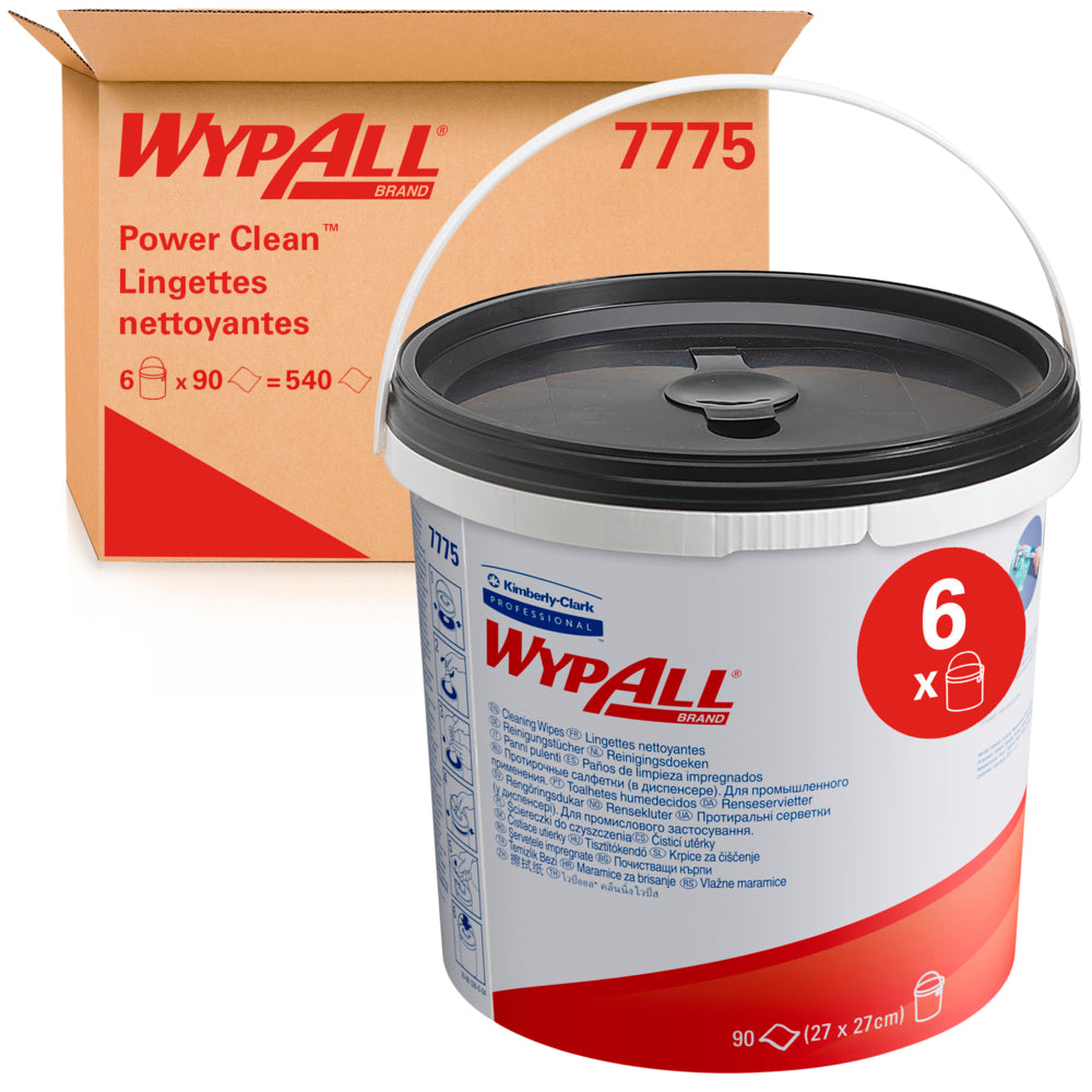 Ein grüner Behälter mit WypAll® Wischtüchern (Kimberly-Clark GmbH), 90 Blatt, ist zusammen mit einer Schachtel mit der Aufschrift "6 Spendereimer" mit jeweils 90 Tüchern (insgesamt: 6 Eimer x 90 Blatt) vor einem braunen WypAll 7775-Karton abgebildet.