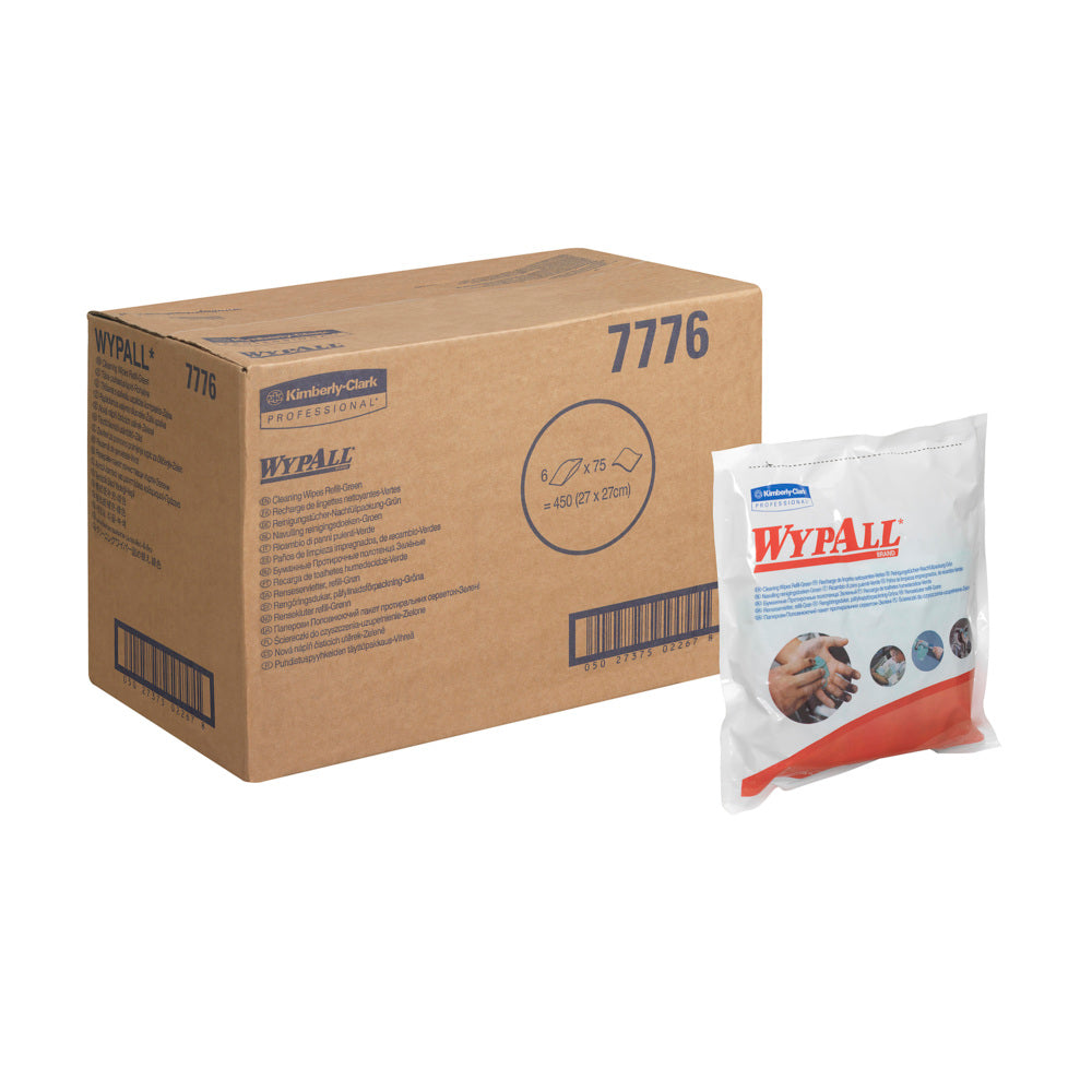 Eine braune Schachtel mit der Aufschrift "WypAll 7776" steht neben einer versiegelten Packung WypAll® Wischtücher - Grün (6 x 75 Tücher) von Kimberly-Clark GmbH - gekennzeichnet mit Markenname und Anwendung, ideal für industrielle Reinigung.