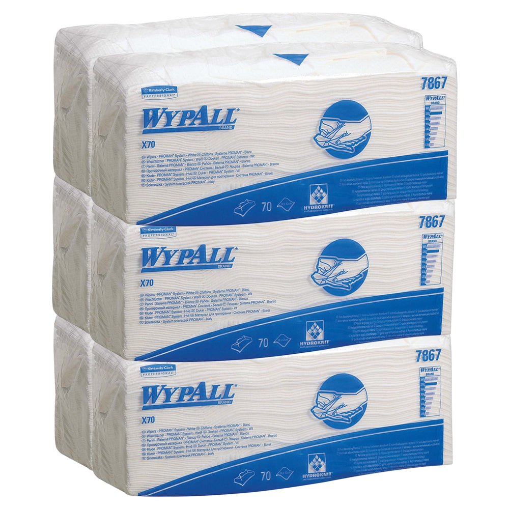 Έξι συσκευασίες WypAll® X70 μαντηλάκια από την Kimberly-Clark GmbH με 70 λευκά φύλλα η καθεμία είναι στοιβαγμένες. Η συσκευασία δείχνει μπλε κείμενο, λεπτομέρειες προϊόντος και απεικονίσεις για τη βιομηχανική καθαριότητα.