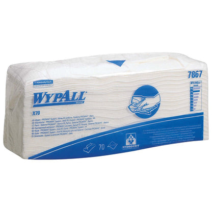 Απεικονίζεται μια συσκευασία Kimberly-Clark GmbH WypAll® X70 μαντηλάκια (Λευκό, 7867) με μπλε κείμενο και εικονογράφηση χεριού. Κάθε κουτί περιέχει 6 σακούλες με 70 διπλωμένα μαντηλάκια - ιδανικά για την απαιτητική βιομηχανική καθαριότητα.