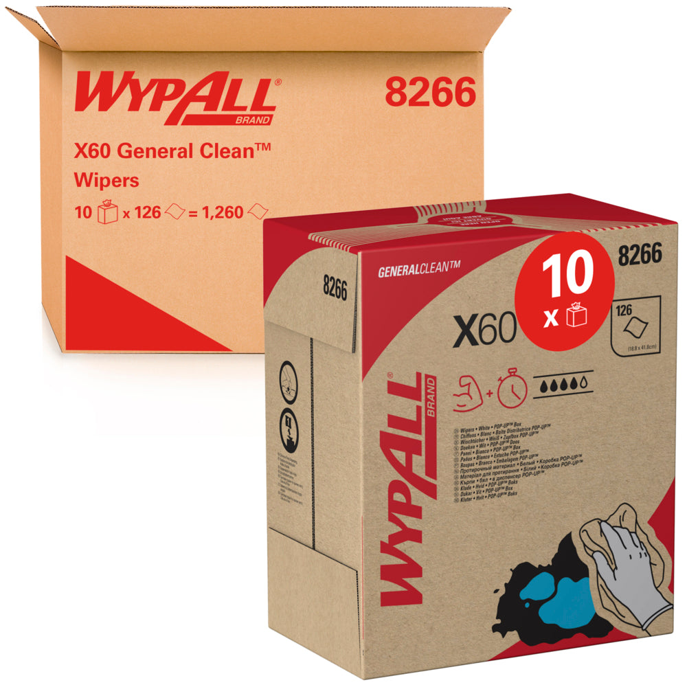 Ein großer brauner Versandkarton enthält 10 WypAll® X60 General Clean Zupfboxen (Weiß, je 126 Tücher) der Kimberly-Clark GmbH, wobei jede Box mit Marke, Produktangaben und Reinigungstuch-Illustrationen versehen ist.