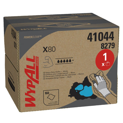 Ένα κουτί WypAll® X80 PowerClean - BRAG™ Box / Λευκό της Kimberly-Clark GmbH περιέχει 160 λευκά φύλλα. Το κουτί περιέχει πληροφορίες προϊόντος, σύμβολα για την απορροφητικότητα και την εικόνα ενός χεριού με γάντια που καθαρίζεται για βιομηχανική χρήση.