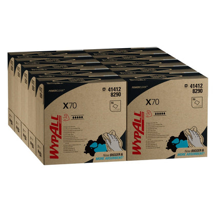 Ένας σωρός από κουτιά Kimberly-Clark GmbH WypAll® X70 PowerClean - Zupfbox / Μπλε (10 x 100 φύλλα ανά κουτί), επισημασμένα ως επαγγελματικά πανιά καθαρισμού, με κόκκινες και μπλε πινελιές και πληροφορίες προϊόντος στα πάνελ, τοποθετημένα σε τρεις σειρές.