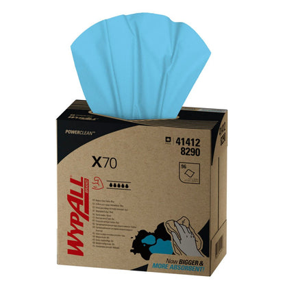 Ένα κουτί με 10 κουτιά WypAll® X70 PowerClean Zupfbox, μπλε, κάθε 100 φύλλα, από την Kimberly-Clark GmbH. Το κουτί εμφανίζει branding και λεπτομέρειες - ιδανικό για επαγγελματικές απαιτήσεις καθαρισμού.