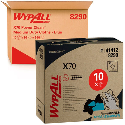 Δύο WypAll® X70 PowerClean Zupfboxen (Kimberly-Clark GmbH), ένα ανοιχτό και ένα κλειστό, εμφανίζουν στο μπλε πακέτο τους ξεκάθαρα το όνομα του προϊόντος, την ποσότητα των 10 x 100 φύλλων και το branding.