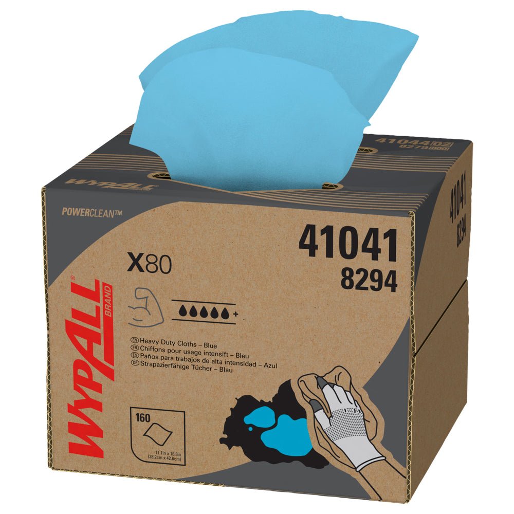 Το κουτί WypAll® X80 PowerClean BRAG™ της Kimberly-Clark GmbH παρέχει 160 χαλύβδινα μπλε βιομηχανικά καθαριστικά πανιά μέσω μιας διάτρητης άνω οπής, με πληροφορίες προϊόντος και γραφικά στο κουτί (1 κουτί).