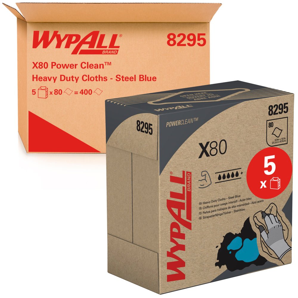 Ένα καφέ κουτί με την επιγραφή "WypAll® X80 PowerClean - Κουτί/Ατσάλινο μπλε" από την Kimberly-Clark GmbH βρίσκεται πίσω από ένα μικρότερο, αντίστοιχο κουτί, που δείχνουν και τα δύο λεπτομέρειες προϊόντος και μια απεικόνιση μπλε χαρτοπετσετών καθαρισμού. Περιέχει 5 κουτιά με 80 φύλλα το καθένα.
