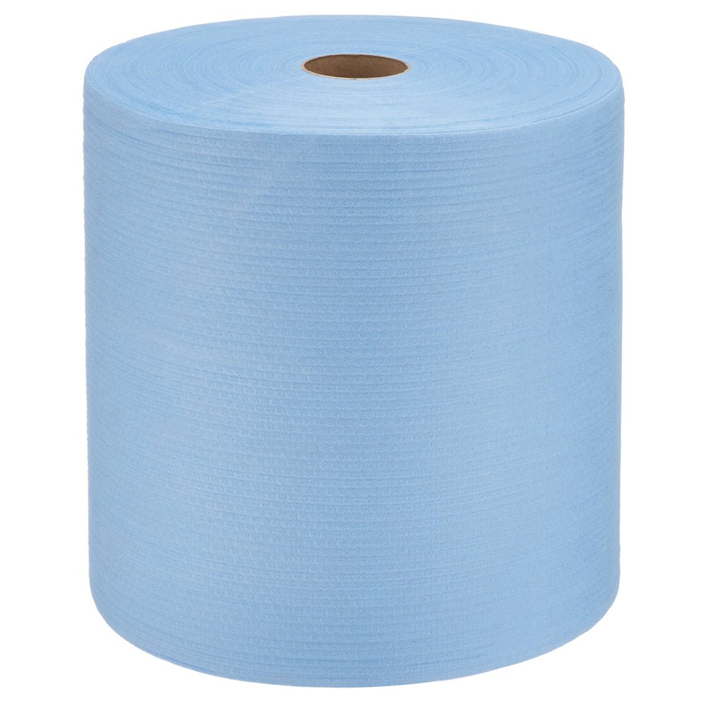 Ένα WypAll® X80 PowerClean ρολό (31,00 x 31,50 cm) της μάρκας Kimberly-Clark GmbH με μικρό καφέ χαρτονένιο πυρήνα στέκεται όρθιο μπροστά από λευκό φόντο.