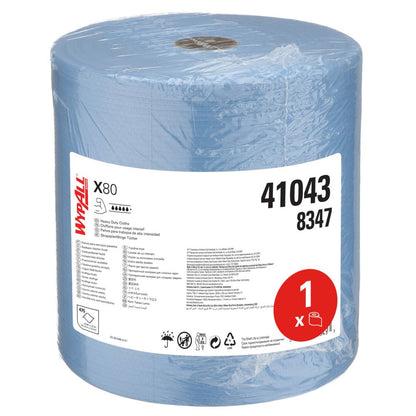 Ένα μεγάλο μπλε WypAll® X80 PowerClean ρολό (31,00 x 31,50 cm) της Kimberly-Clark GmbH, ιδανικό για επαγγελματικό καθαρισμό, συσκευασμένο σε πλαστικό με λευκή ετικέτα με την επιγραφή "WypAll", κωδικός 41043, καθώς και σύμβολα ανακύκλωσης και χειρισμού.