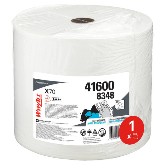 Το μεγάλο ρολό WypAll® X70 PowerClean σε λευκό χρώμα της Kimberly-Clark GmbH (1 ρολό x 870 φύλλα, κωδ. προϊόντος 41600 8348) είναι συσκευασμένο σε διαφανές πλαστικό και είναι ιδανικό για βιομηχανικό καθαρισμό.