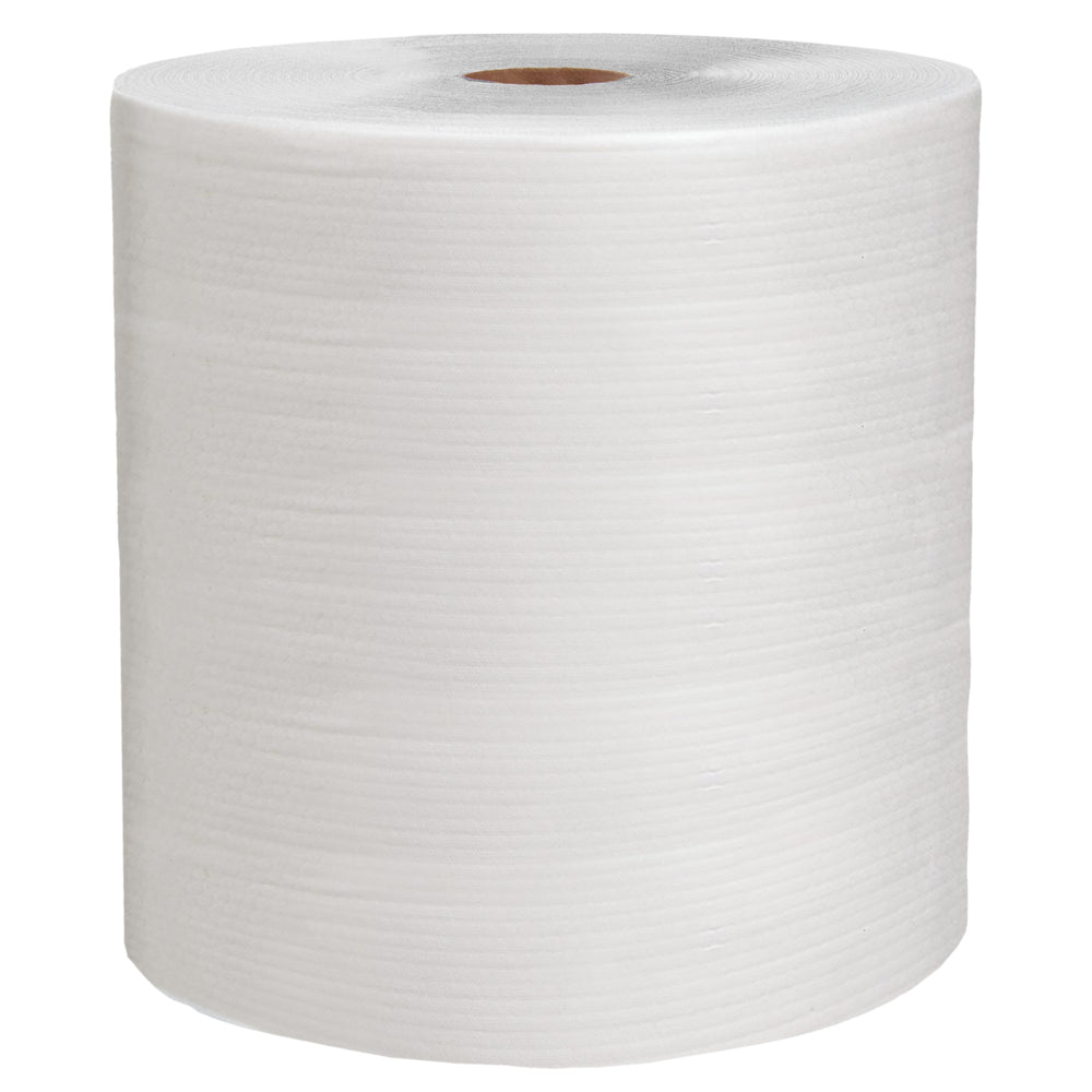 Το WypAll® X80 PowerClean ρολό (31,00 cm x 31,50 cm) της Kimberly-Clark GmbH με ορατό χαρτονένιο πυρήνα είναι ιδανικό για επαγγελματική χρήση και στέκεται όρθιο σε ένα απλό λευκό υπόβαθρο.