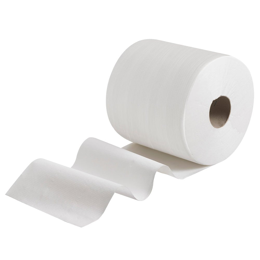Το WypAll® X80 PowerClean ρολό (31,00 cm x 31,50 cm) της Kimberly-Clark GmbH απεικονίζεται με μερικά ξετυλιγμένα φύλλα σε λευκό φόντο - τέλειο για επαγγελματικές εργασίες καθαρισμού και ως πανί καθαρισμού στον επαγγελματικό τομέα.