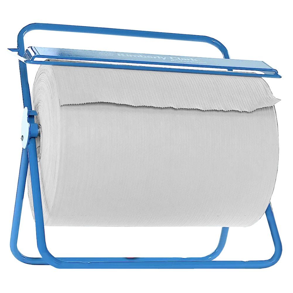 Το WypAll® X80 PowerClean ρολό (31,00 cm x 31,50 cm) από την Kimberly-Clark GmbH σε μπλε μεταλλική βάση με κοπτική άκρη - ιδανικό για επαγγελματική χρήση σε απαιτητικά περιβάλλοντα.