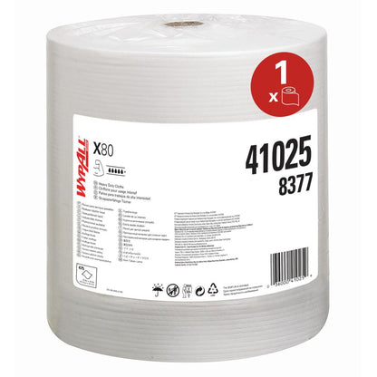Ένα μεγάλο ρολό WypAll® X80 PowerClean (31,00 x 31,50 cm) από την Kimberly-Clark GmbH με λευκή ετικέτα με το όνομα της μάρκας, λεπτομέρειες προϊόντος και σύμβολα εφαρμογής - ιδανικό για επαγγελματική χρήση και δύσκολες εργασίες καθαρισμού.
