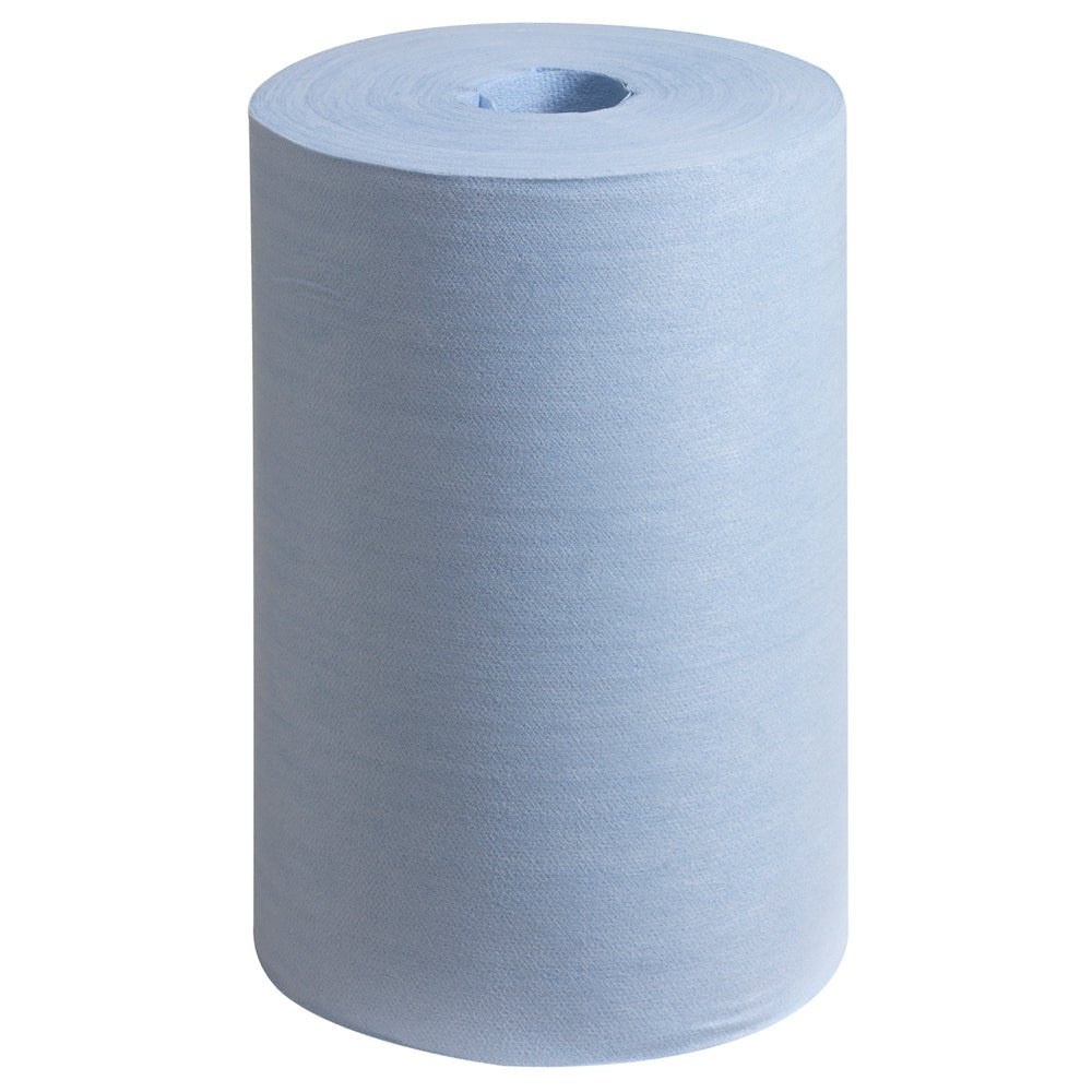 Ένας μπλε κύλινδρος WypAll® X60 General Clean Central Dispensing (1 x 150 φύλλα) της Kimberly-Clark GmbH στέκεται όρθιος μπροστά από ένα απλό λευκό φόντο.