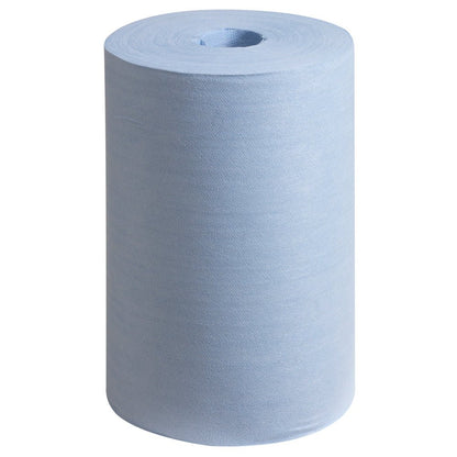 Ένας μπλε κύλινδρος WypAll® X60 General Clean Central Dispensing (1 x 150 φύλλα) της Kimberly-Clark GmbH στέκεται όρθιος μπροστά από ένα απλό λευκό φόντο.