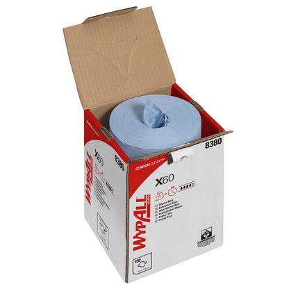 Ένα κουτί της Kimberly-Clark GmbH με την επιγραφή "WypAll® X60 General Clean - Central Dispensing / Μπλε" περιέχει έναν ορατό μπλε κύλινδρο με 150 καθαριστικά πανιά, με ένα μέρος του κυλίνδρου και ένα πανί να φαίνονται από ένα πάνω άνοιγμα.