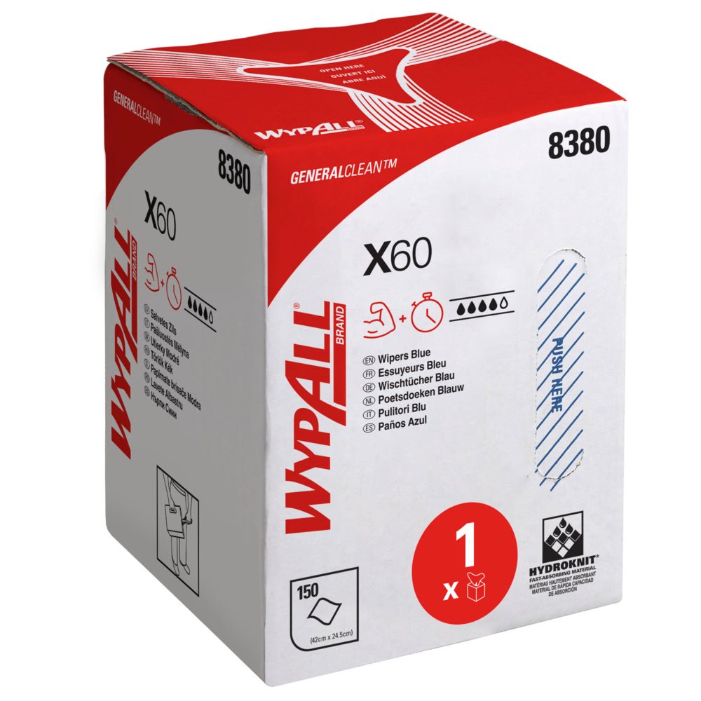 Το λευκό-κόκκινο κουτί του WypAll® X60 General Clean (Μπλε) της Kimberly-Clark GmbH είναι εφοδιασμένο με πολυγλωσσικές πληροφορίες, σύμβολα και τον αριθμό 8380. Το κουτί περιέχει 1 κύλινδρο με 150 μπλε φύλλα και ένα επεκτάσιμο τμήμα διανομής για την κεντρική διάθεση.