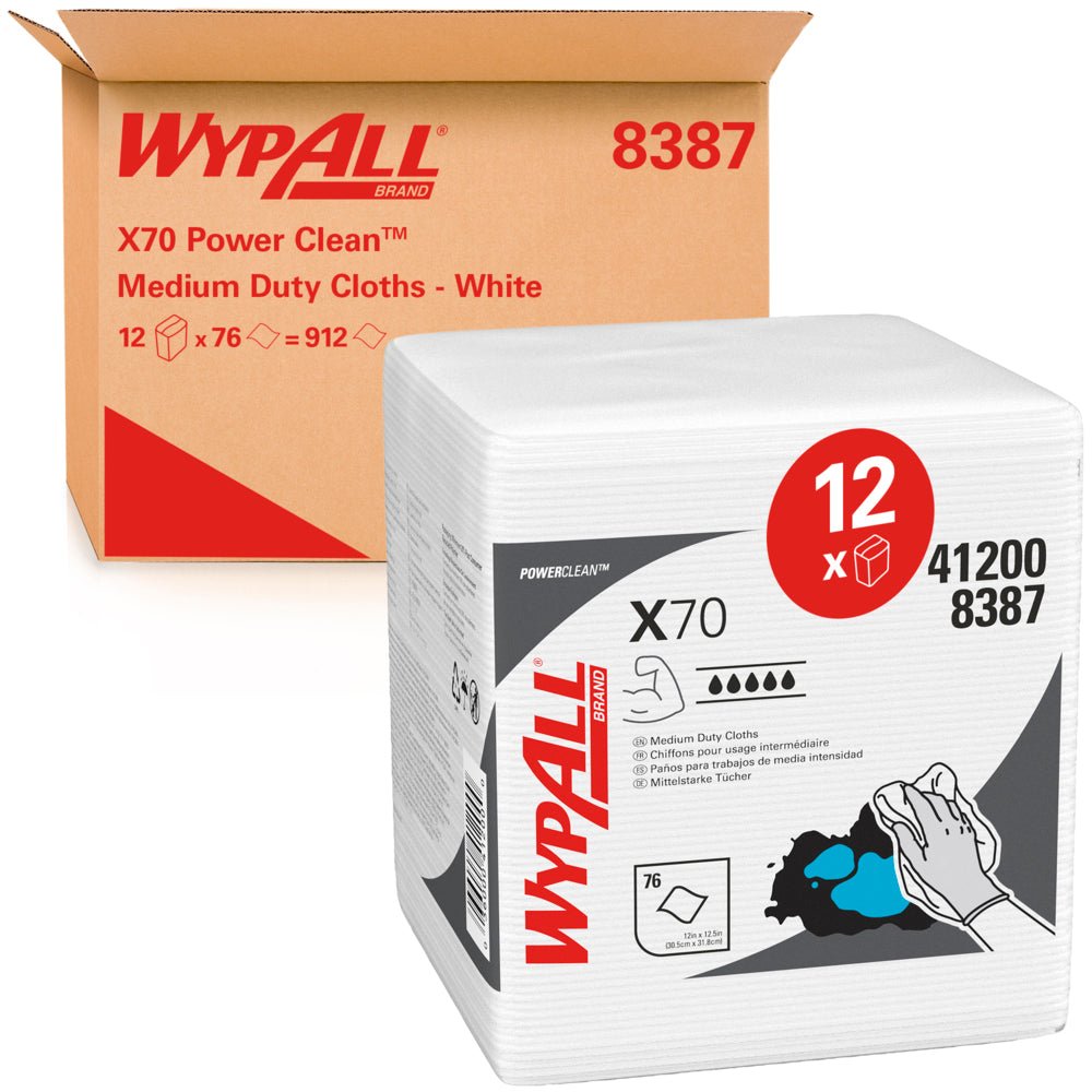 Ένα κουτί με την επιγραφή "Kimberly-Clark GmbH WypAll® X70 PowerClean - Διπλωμένα σε τέταρτα / Λευκά" περιέχει 12 σακούλες με 76 φύλλα λευκών, διπλωμένων βιομηχανικών καθαριστικών πανιών με λεπτομέρειες προϊόντος και σύμβολα χρήσης στη συσκευασία.