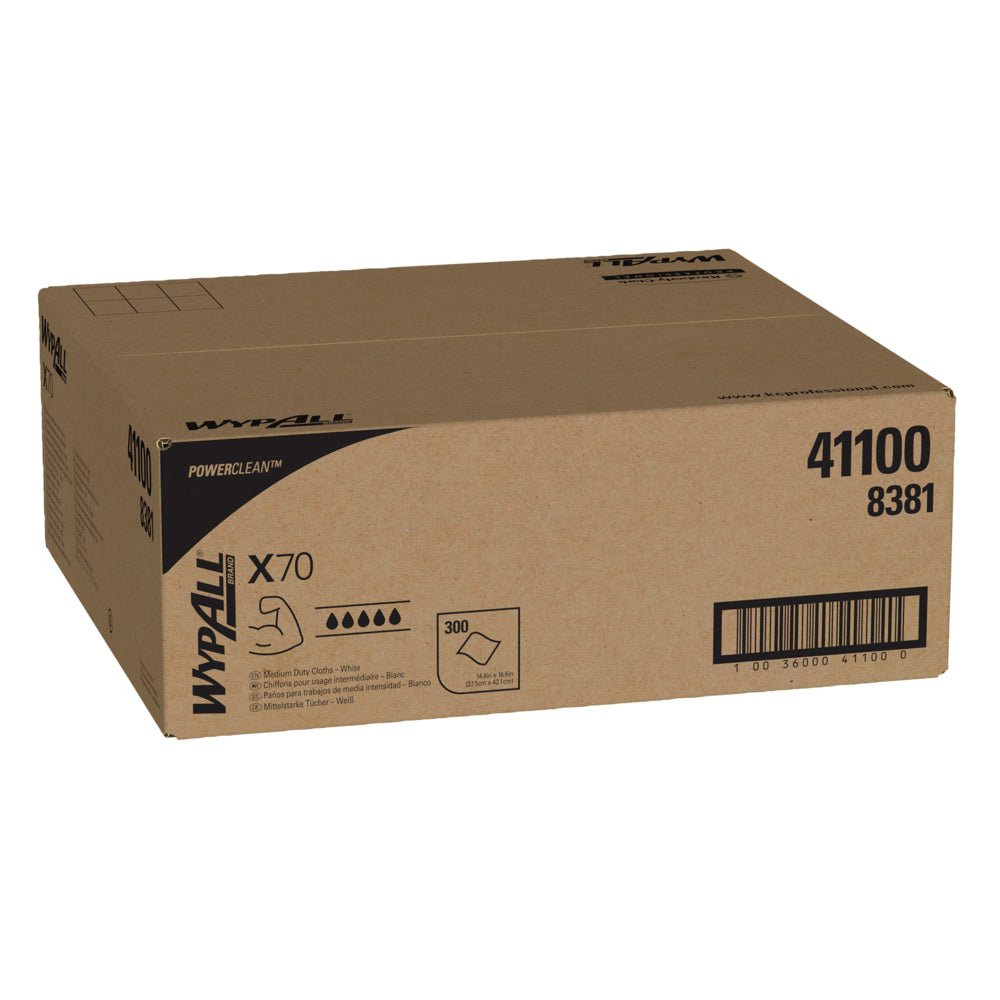Ένα σφραγισμένο καφέ κουτί της Kimberly-Clark GmbH WypAll® X70 PowerClean, Λευκό (αριθμοί προϊόντων 41100, 8381), περιέχει 300 πανιά - ιδανικά για βιομηχανικό καθαρισμό. Κουτί (1 κουτί).