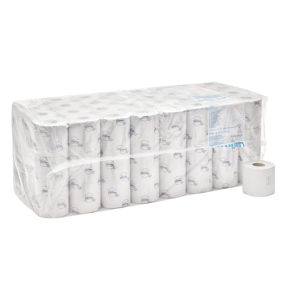 Ένα κουτί των 8 της Kimberly-Clark GmbH με ρολά χαρτιού τουαλέτας Kleenex® μικρού μεγέθους (λευκό), κάθε συσκευασία περιέχει 12 μικρά ρολά με διακριτική εκτύπωση, 250 φύλλα ανά ρολό - ένα λευκό τυπωμένο ρολό απεικονίζεται εκτός της συσκευασίας.