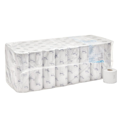 Ένα κουτί των 8 της Kimberly-Clark GmbH με ρολά χαρτιού τουαλέτας Kleenex® μικρού μεγέθους (λευκό), κάθε συσκευασία περιέχει 12 μικρά ρολά με διακριτική εκτύπωση, 250 φύλλα ανά ρολό - ένα λευκό τυπωμένο ρολό απεικονίζεται εκτός της συσκευασίας.