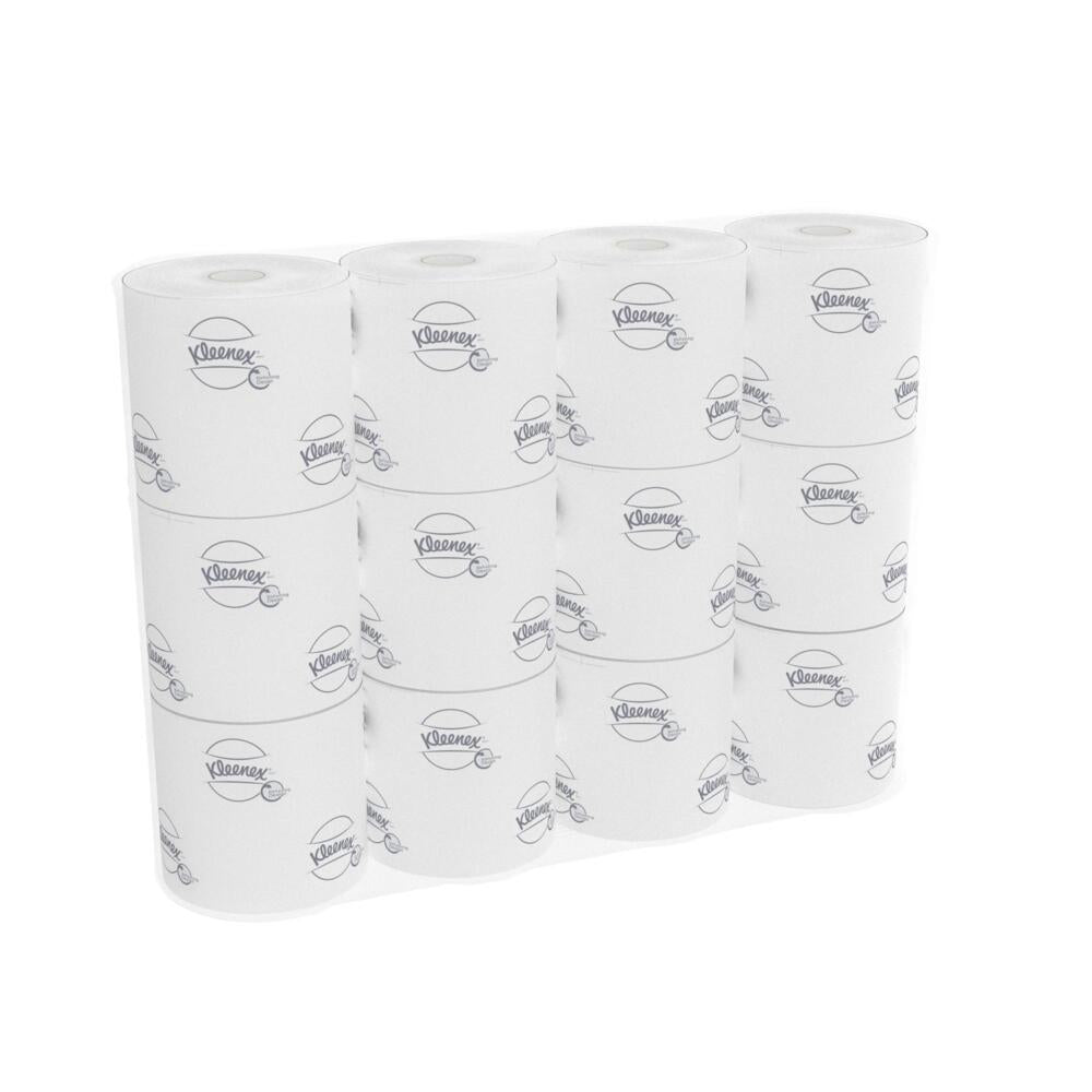 Ένα κουτί της Kimberly-Clark GmbH περιέχει 8 συσκευασίες χαρτιού τουαλέτας Kleenex® με 12 μικρά λευκά ρολά το καθένα (250 φύλλα/ρολό) - ιδανικό αν χρειάζεστε περισσότερες από μία συσκευασίες των 8 ή προτιμάτε πρακτικά μικρά ρολά.